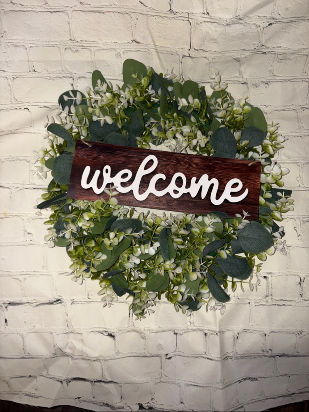 Welcome Floral Greenery Wreath with Wooden Sign